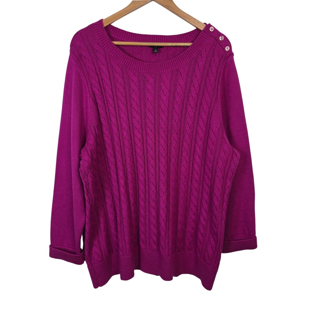 Talbots Plus Magenta Pink Cable Knit Scoop Neck Button Shoulder Sweater 2X